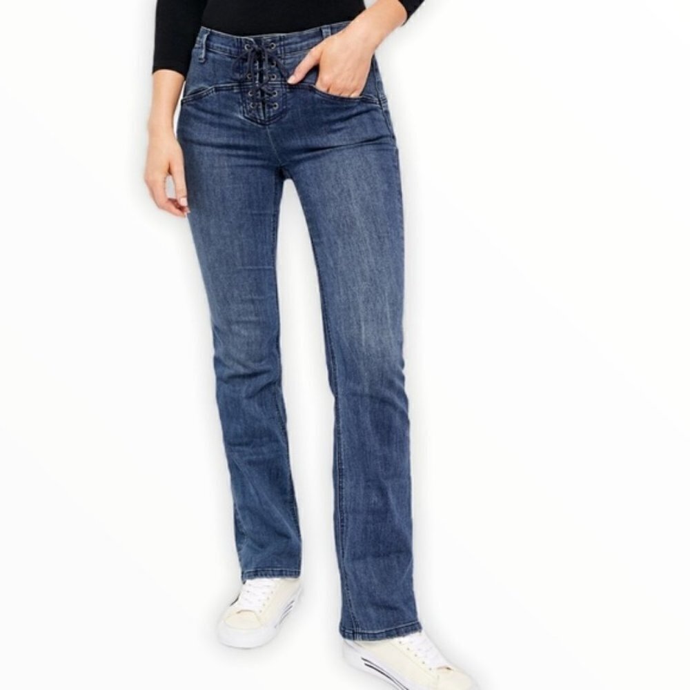 We the Free People Eva lace up boot cut jeans boho Baltic Blue denim new 26